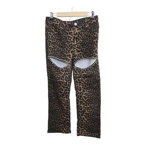 VIP Womens Leopard Print Cutout Jeans Rhinestone Straight Leg Denim Size 13/31